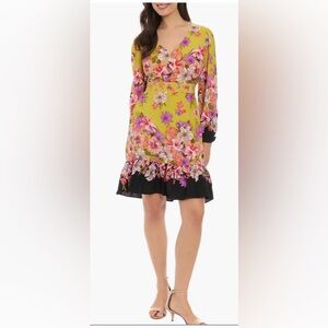 Mustard Gold Floral Dress with Purple, Pink, & Black Accents Long Sleeve Size 10